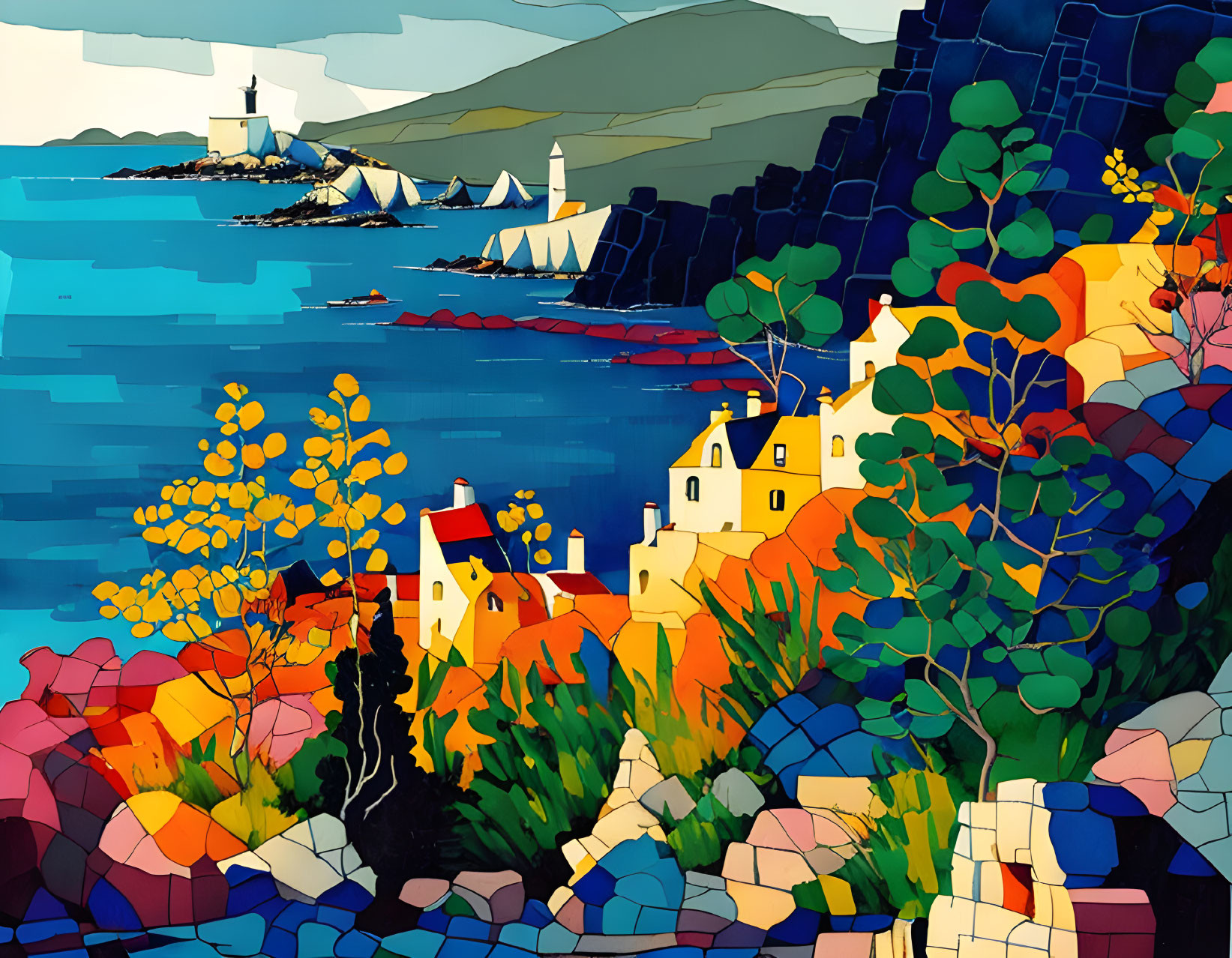 Colorful coastal mosaic with lighthouse, boats, houses & autumn trees