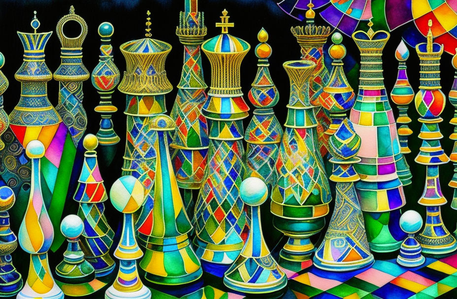 Colorful Stylized Chess Pieces on Mosaic Backdrop