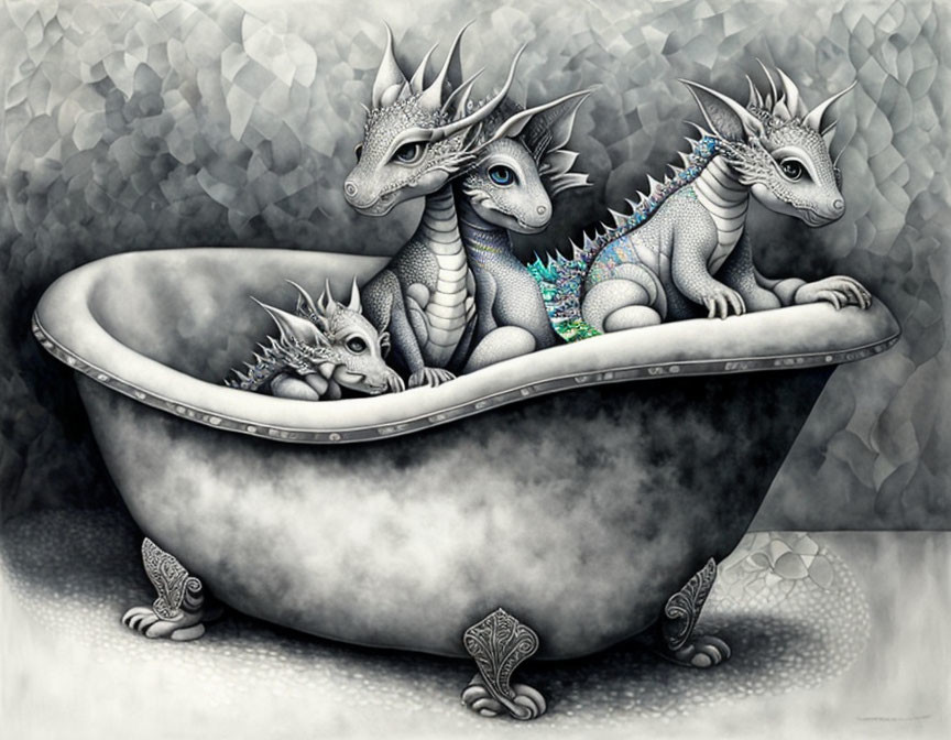 Three whimsical dragons in antique bathtub on textured backdrop