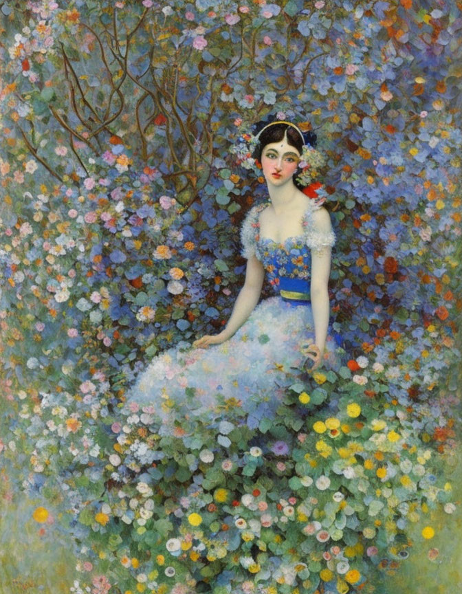 Woman with Floral Tiara Surrounded by Colorful Flowers in Dreamy Impressionist Setting