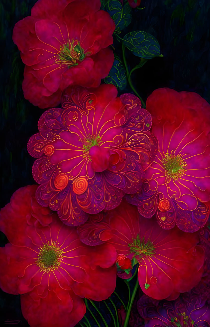 Bright red flowers with yellow patterns on dark background.