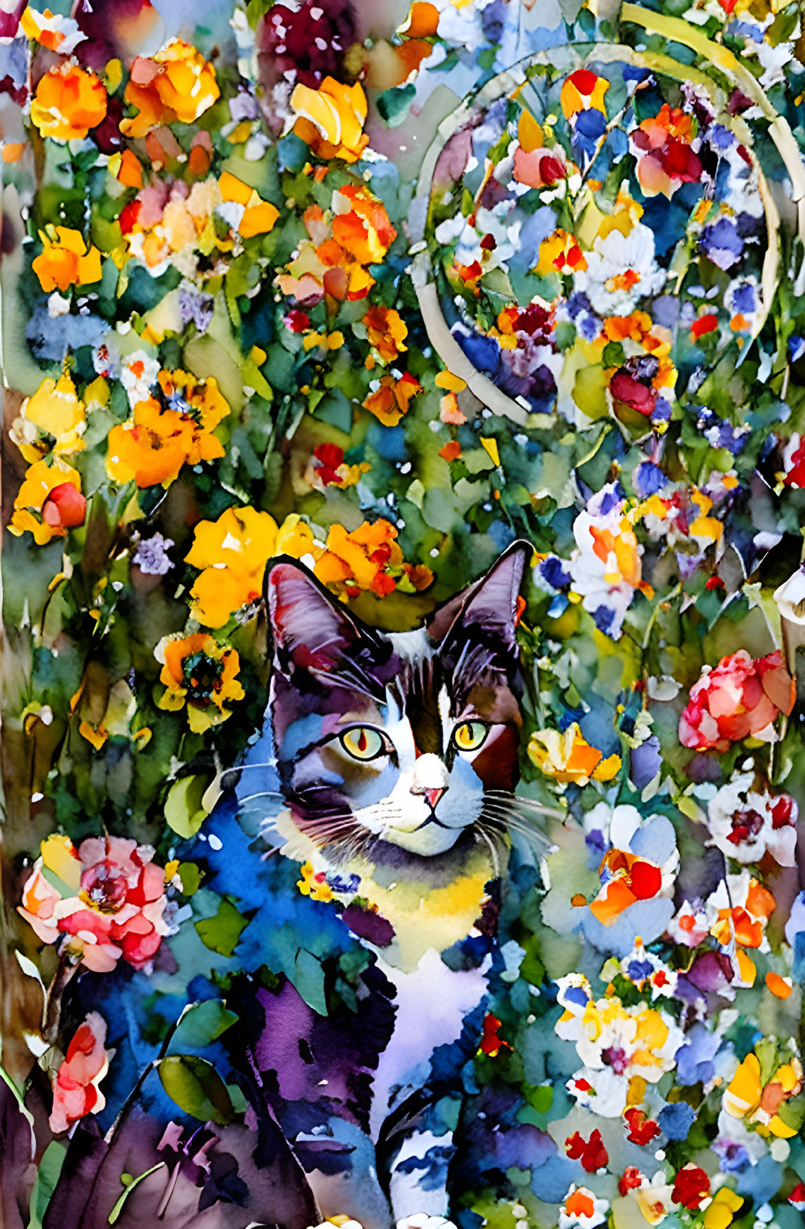 Vibrant watercolor painting: Black and white cat in colorful garden