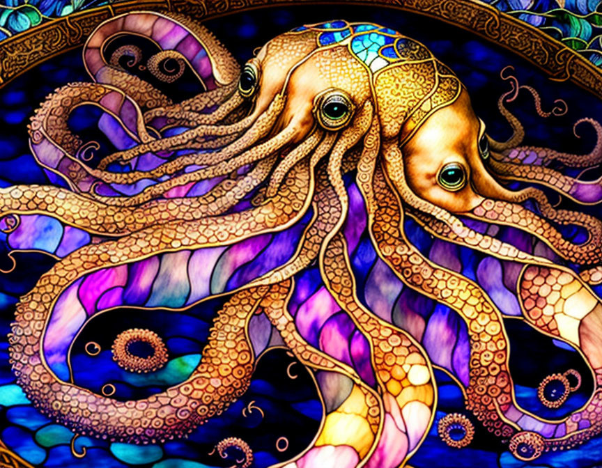 Colorful Octopus Artwork with Detailed Patterns on Blue-Purple Background