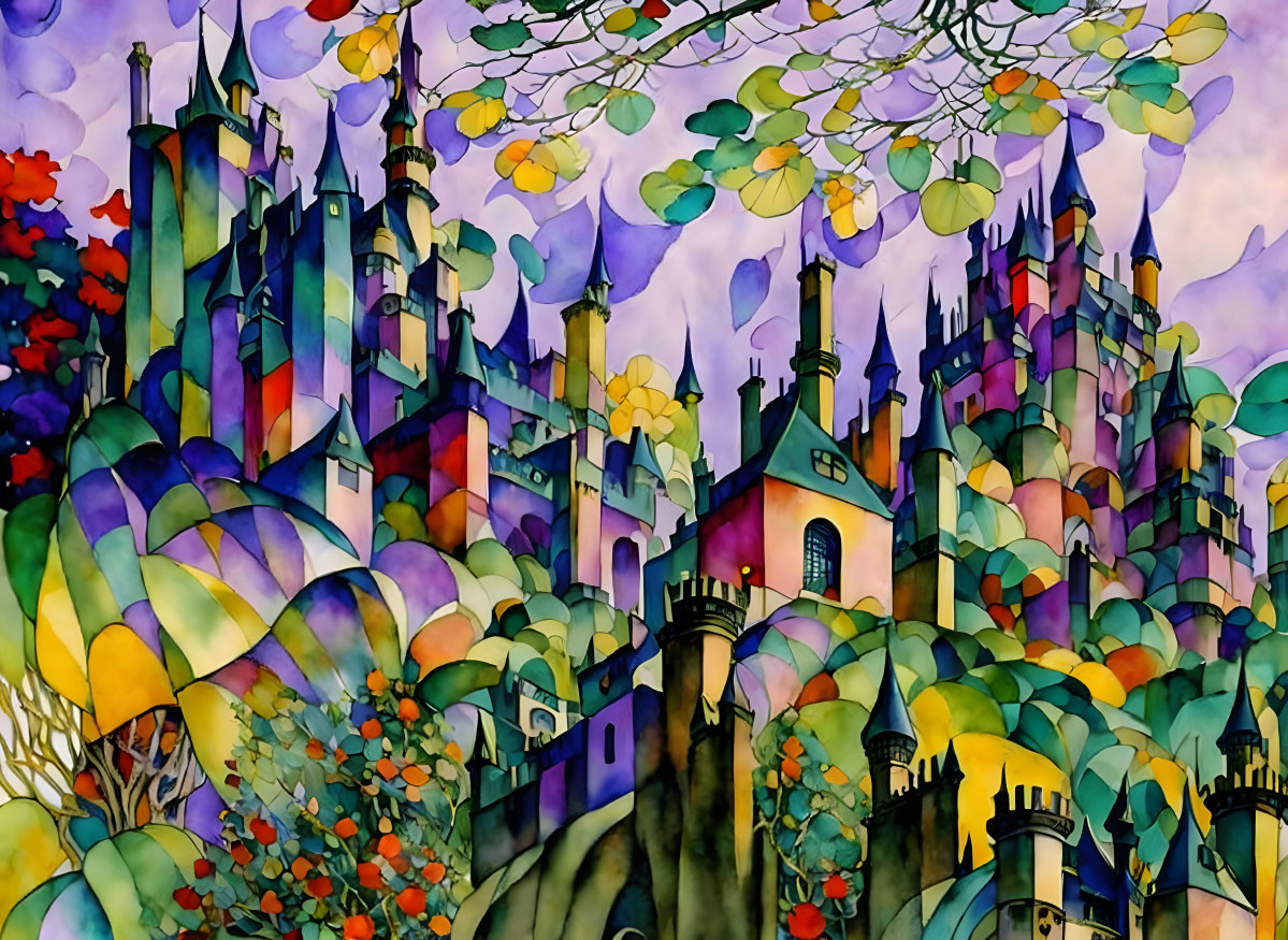 Colorful Watercolor Painting of Whimsical Cityscape