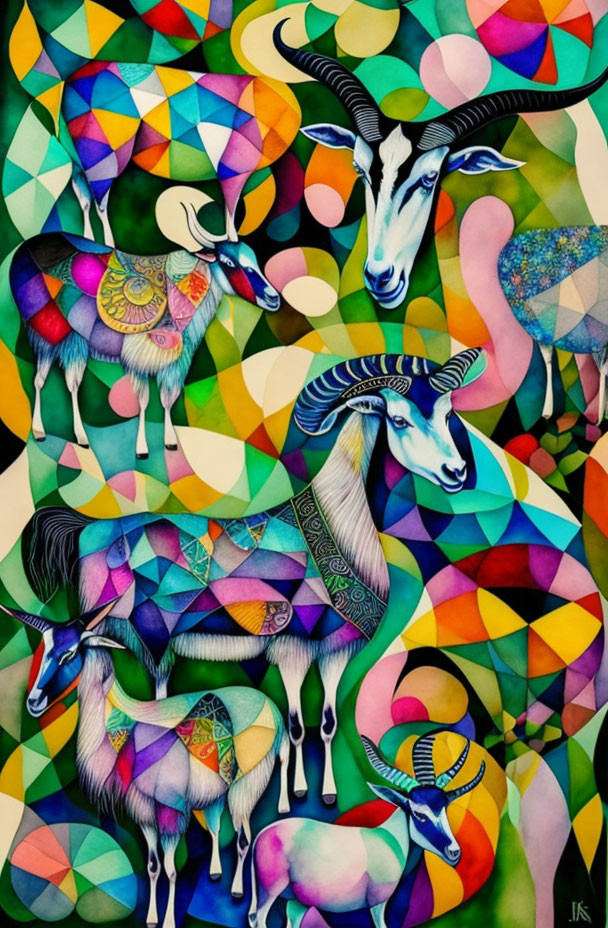 Vibrant geometric-patterned goats and rams on colorful abstract backdrop
