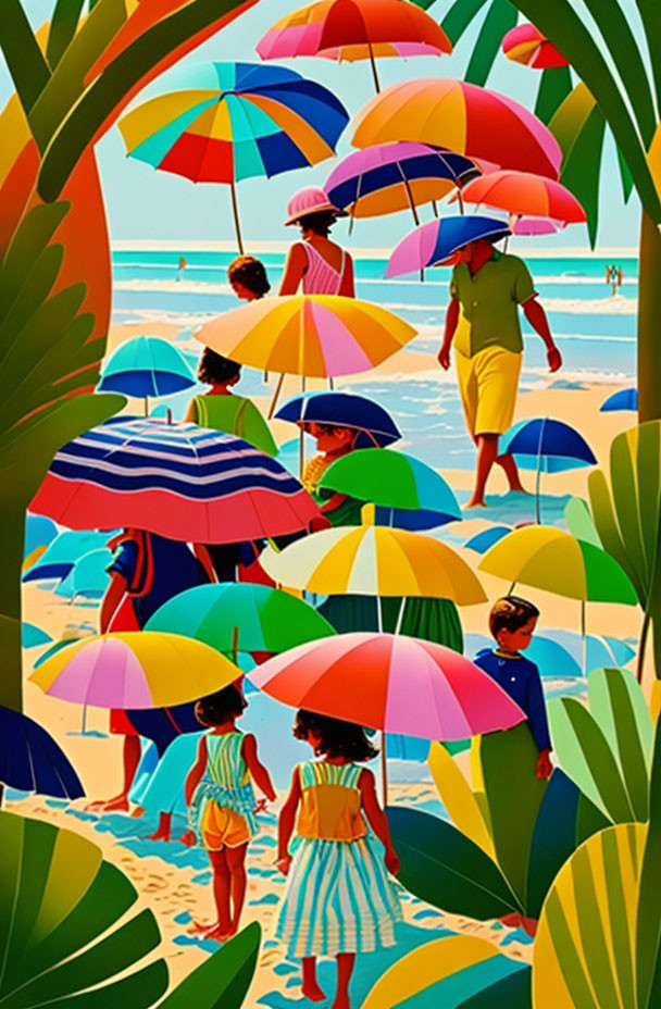 Colorful Beach Scene with Umbrellas and Foliage Against Blue Sky