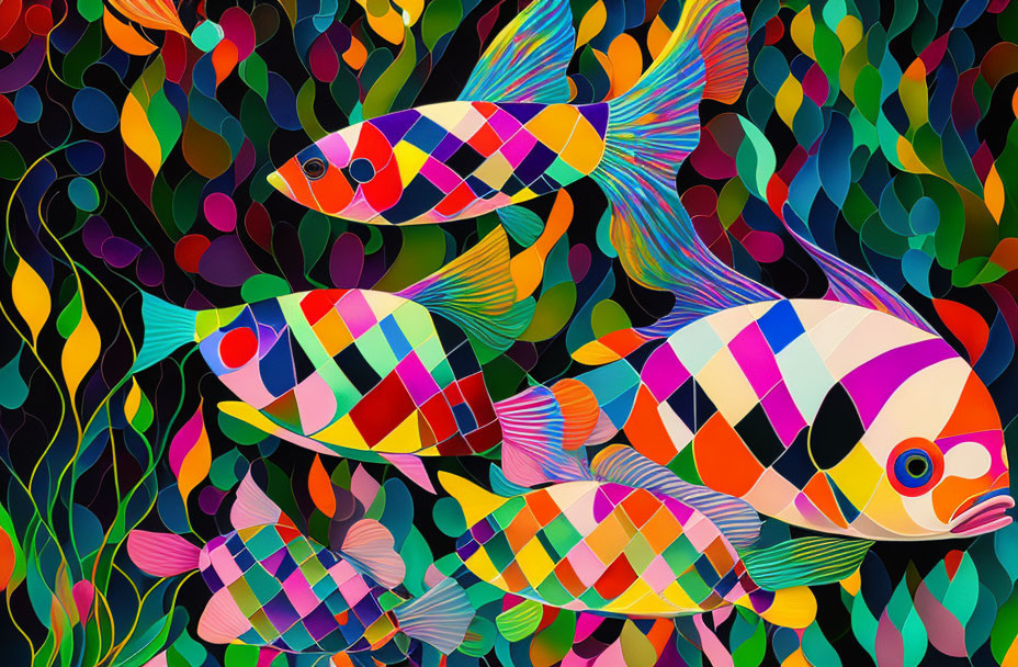Colorful Patterned Fish Swimming in Abstract Underwater Scene