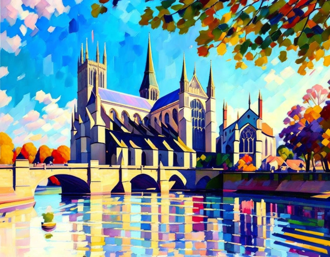 Vibrant cathedral painting with arches and trees reflected in water