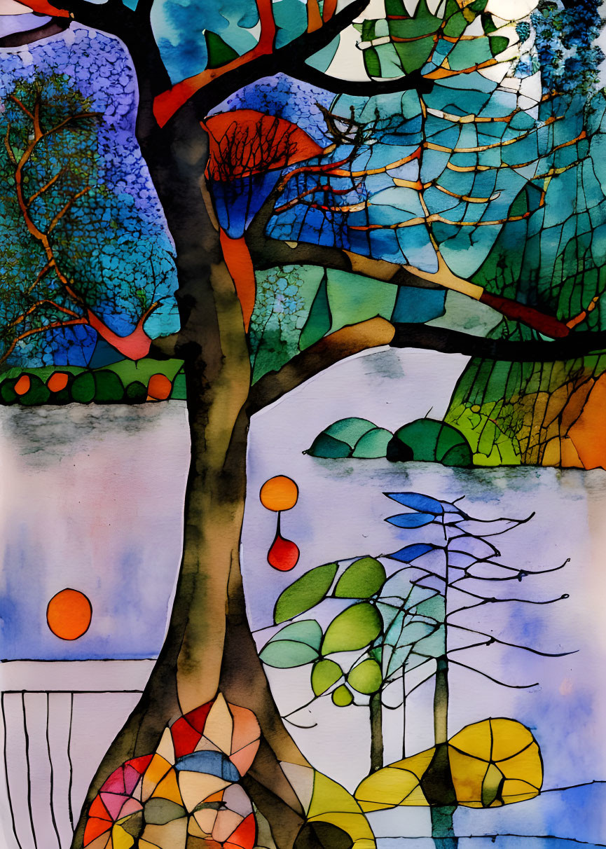 Colorful Abstract Tree Watercolor Painting with Geometric Shapes