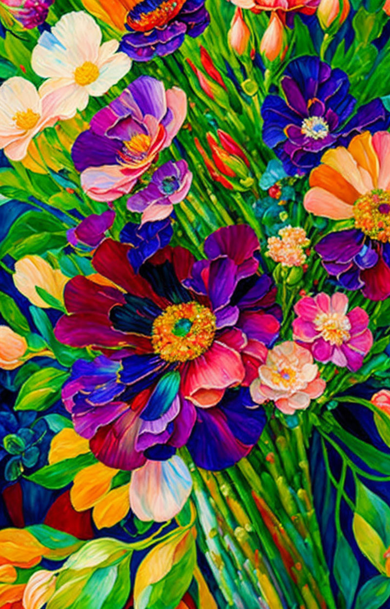 Colorful flower cluster painting with purple, pink, red, and yellow petals.