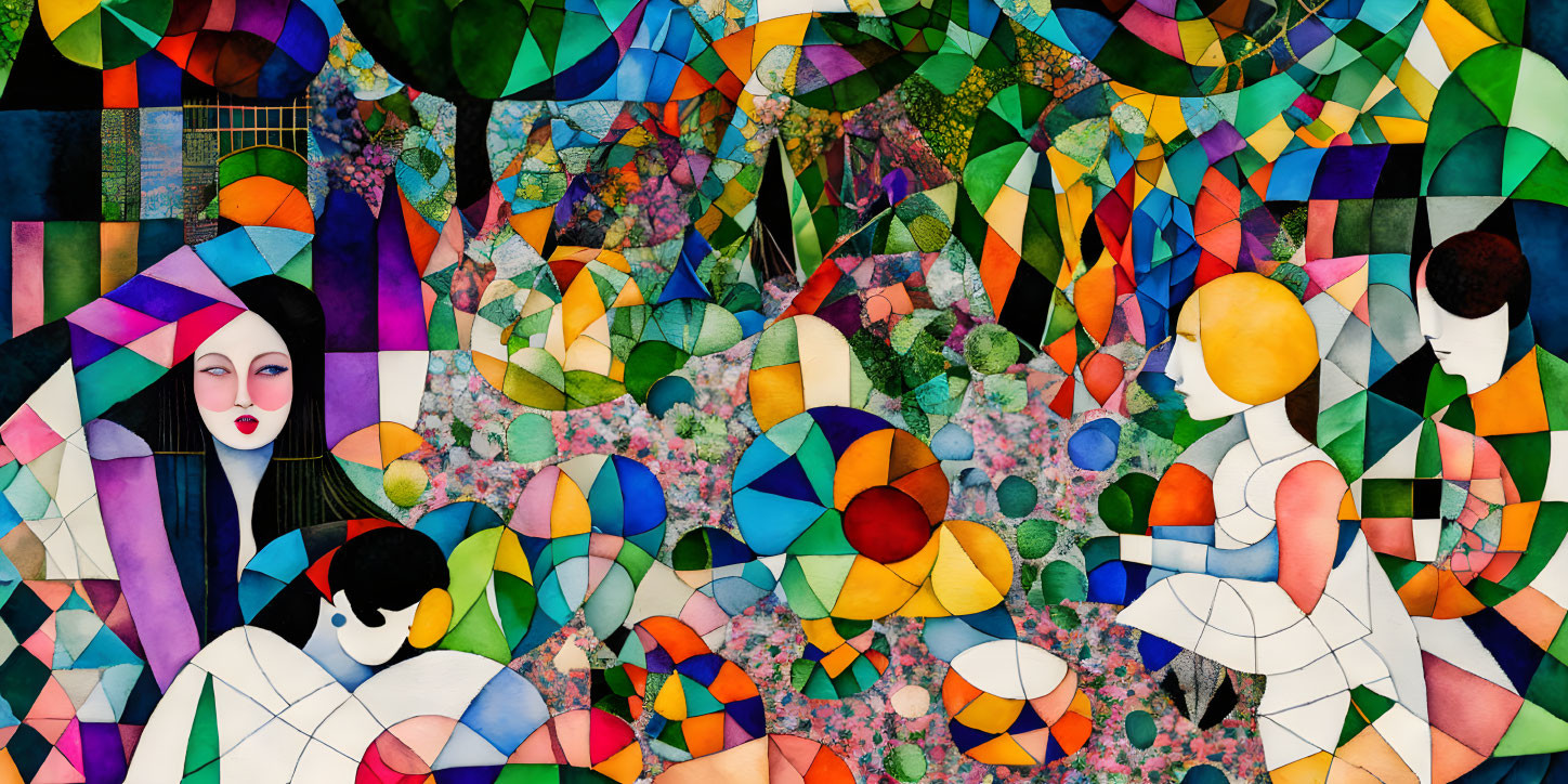 Vibrant Abstract Mosaic with Geometric Figures and Nature Themes
