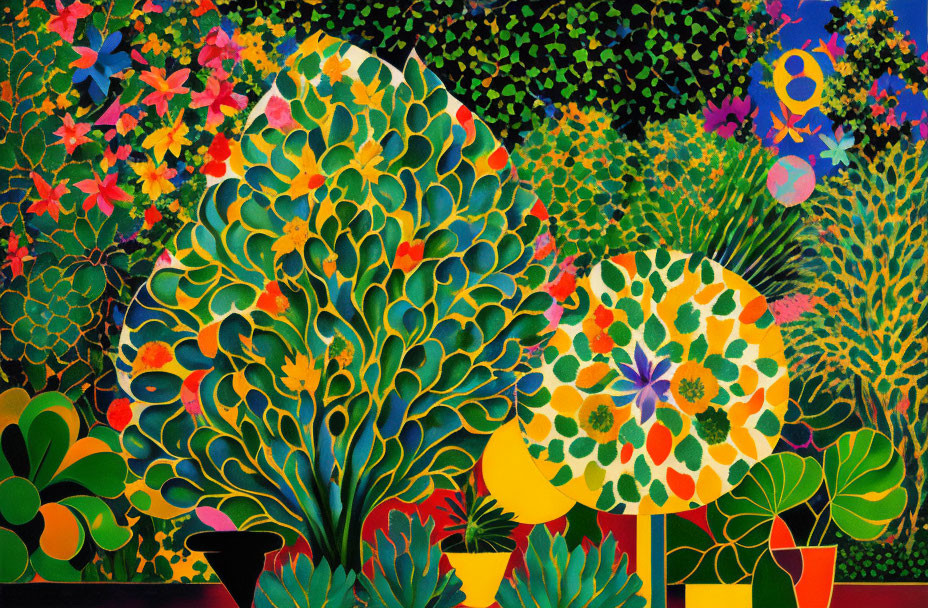Colorful Abstract Garden with Stylized Plants on Dark Background