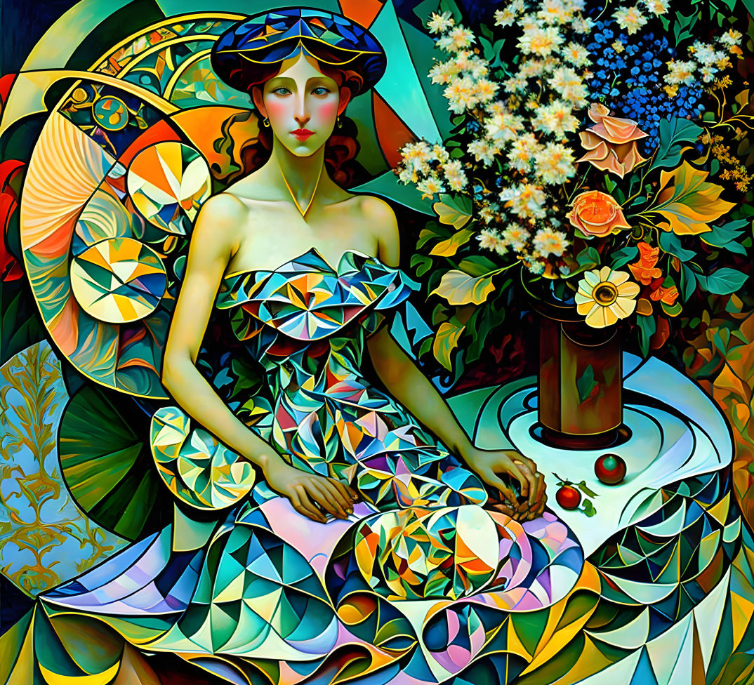 Geometric dress and hat woman painting with Art Nouveau vibe