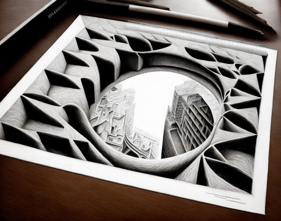 Detailed photorealistic pencil drawing of 3D architectural illusion in oval frame