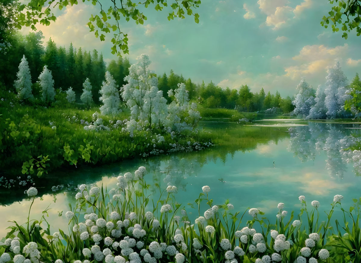 Tranquil Lake with Greenery, White Flowers, and Pastel Sky