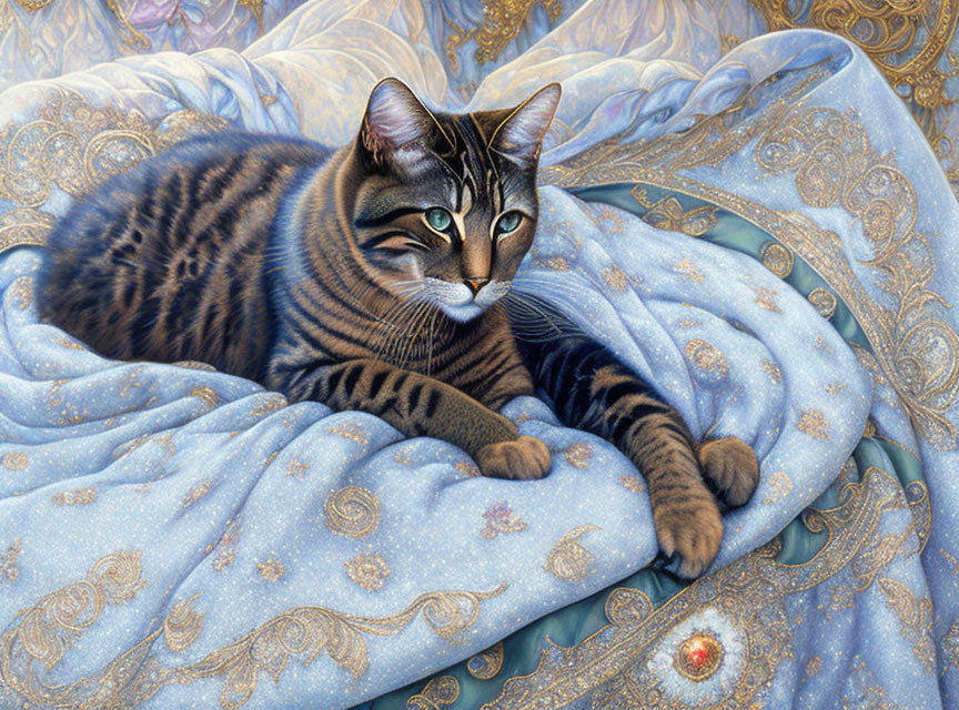 Tabby Cat Relaxing on Blue and Gold Patterned Fabric