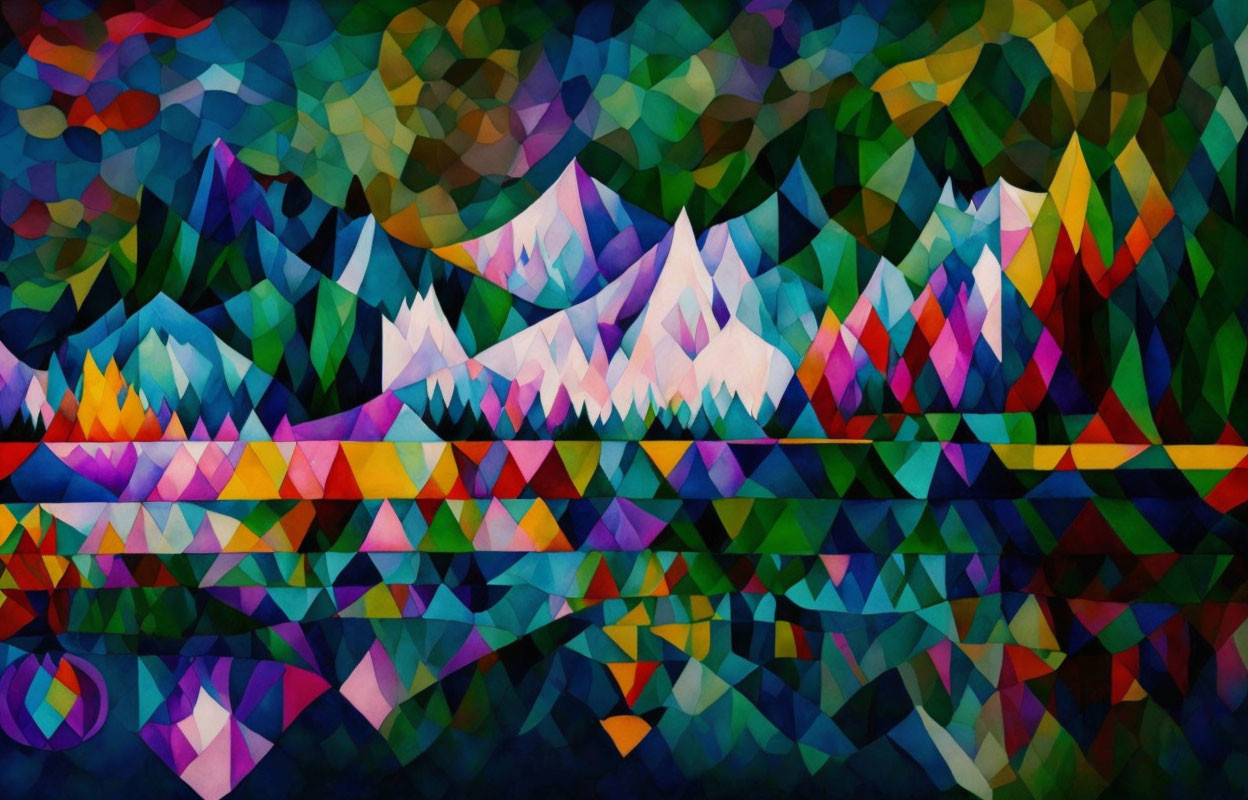 Vibrant abstract art: geometric mountains reflected in lake