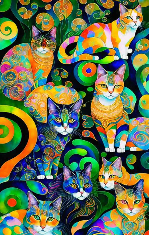 Colorful Stylized Cats in Psychedelic Swirls and Patterns