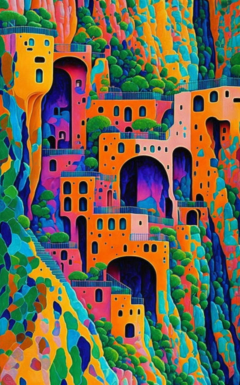Colorful Illustration of Whimsical, Interconnected Buildings and Organic Shapes