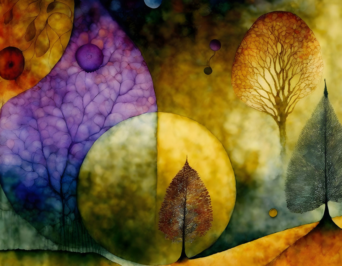 Colorful Abstract Art: Trees and Celestial Bodies in Textured Background