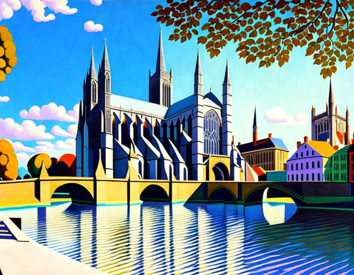 Stylized painting of cathedral, buildings, river, bridge, and blue sky