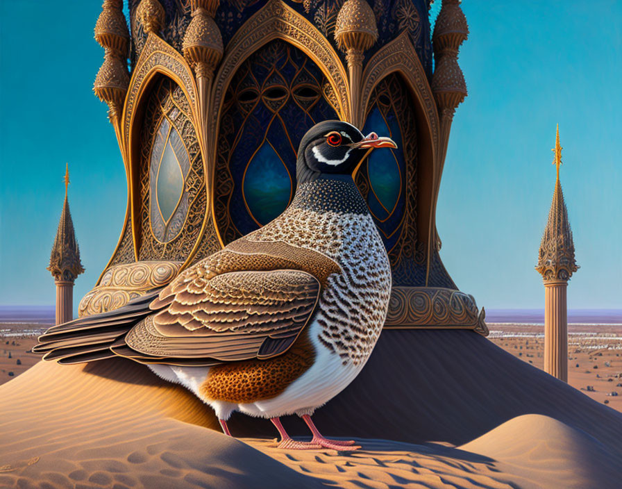 Quail in desert with palace-like structures in background