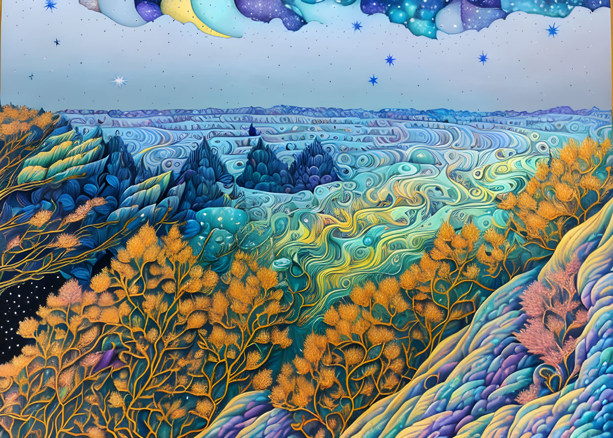 Vibrant fantasy landscape with swirling patterns and cosmic backdrop
