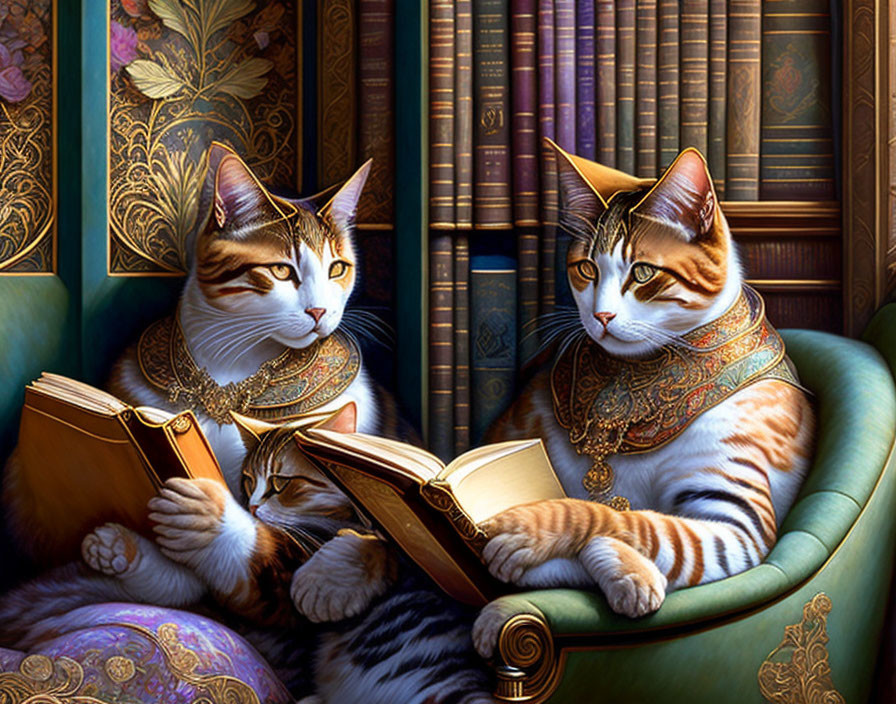 Regal cats with intricate collars lounging on plush chair surrounded by classic books