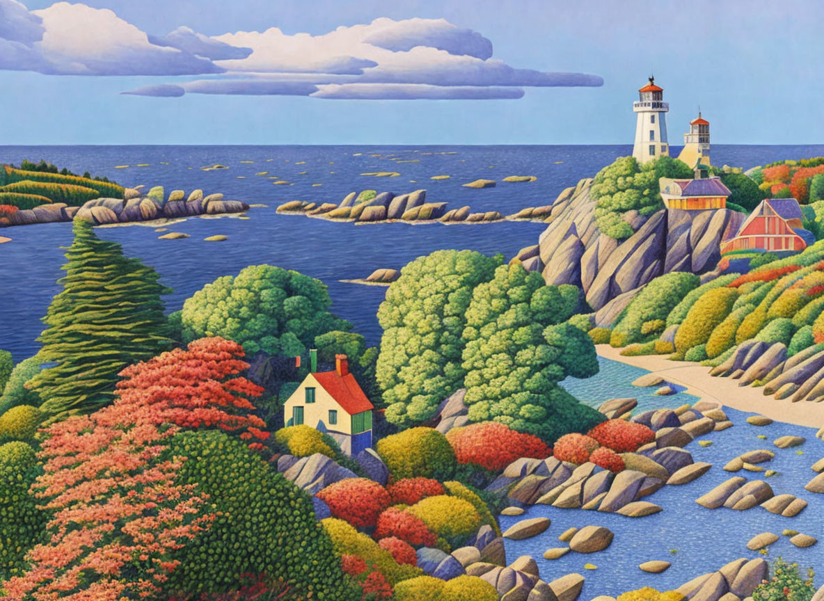 Coastal scene with lighthouse, colorful trees, houses, and rocky shoreline