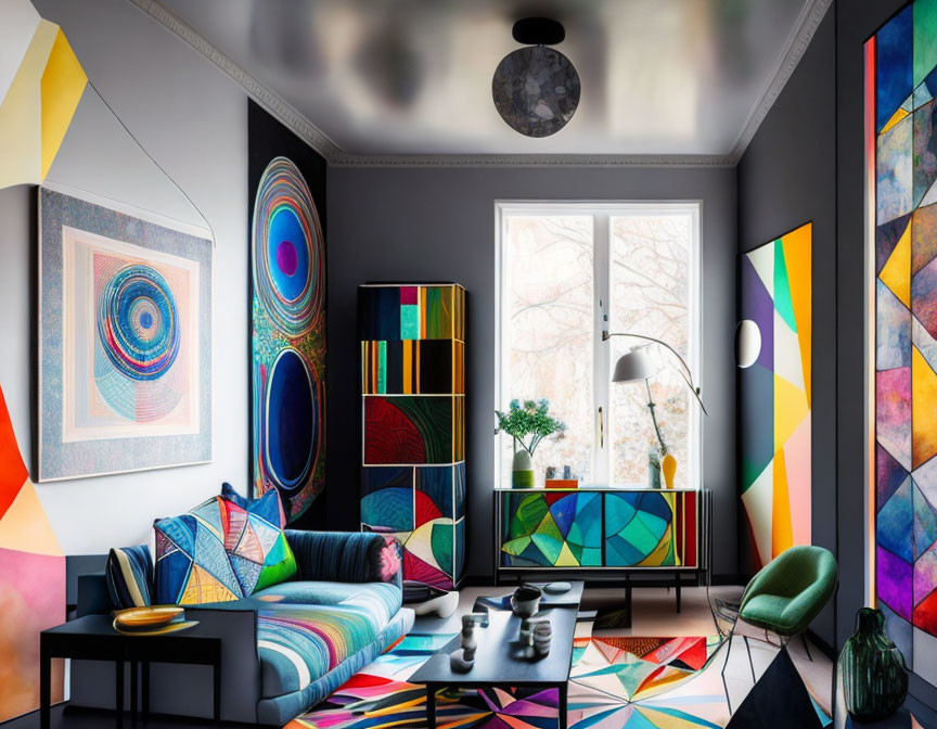 Modern living room with geometric patterns, colorful furniture, and abstract wall art