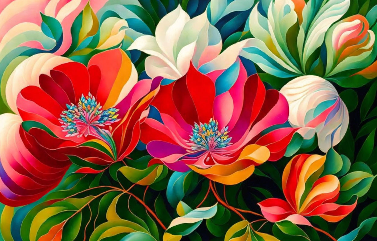 Colorful Flower Painting with Overlapping Petals on Bright Background