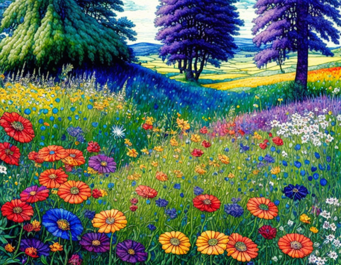 Colorful Flower-Filled Meadow Painting with Rolling Hills