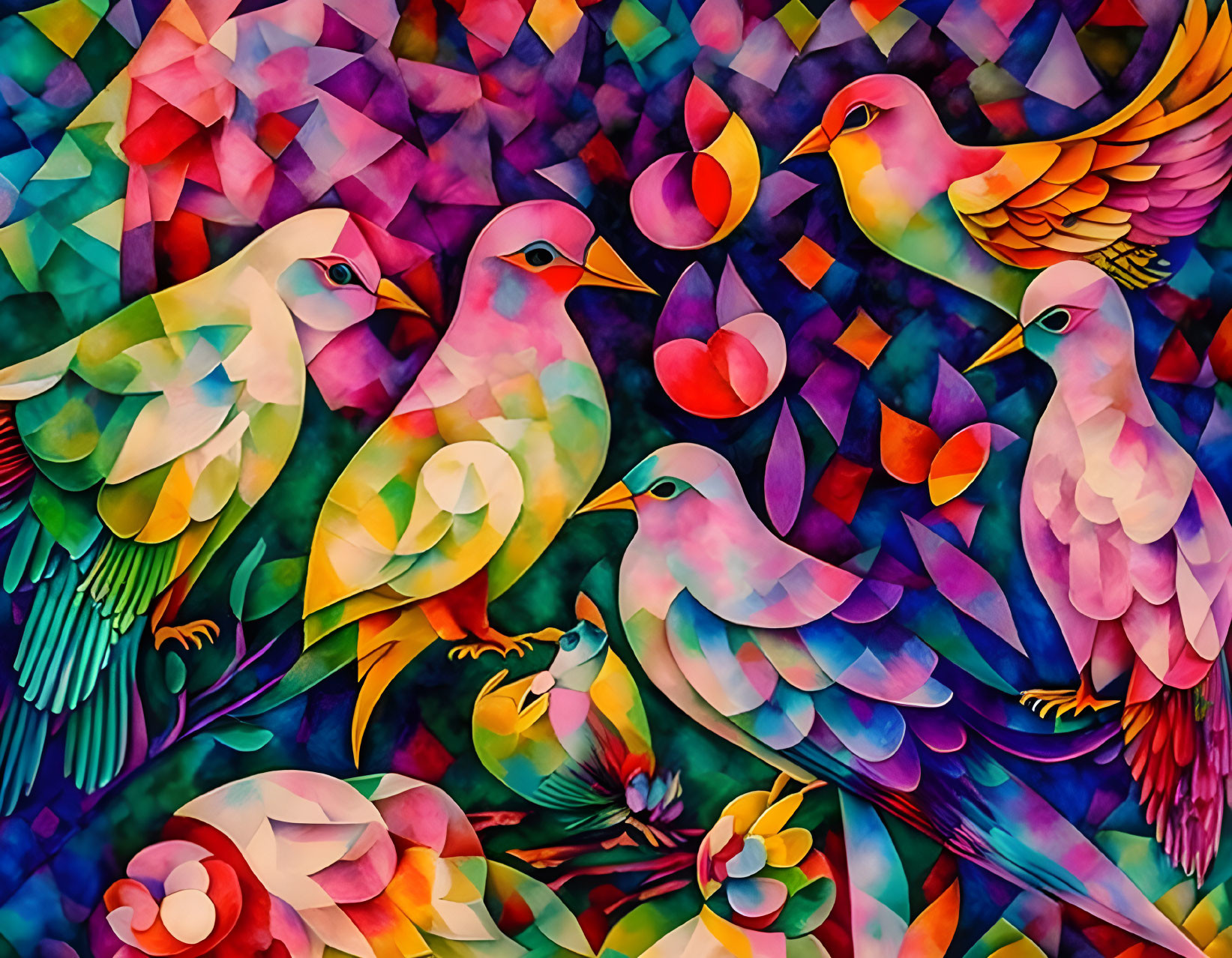 Vibrant geometric bird painting with abstract floral elements