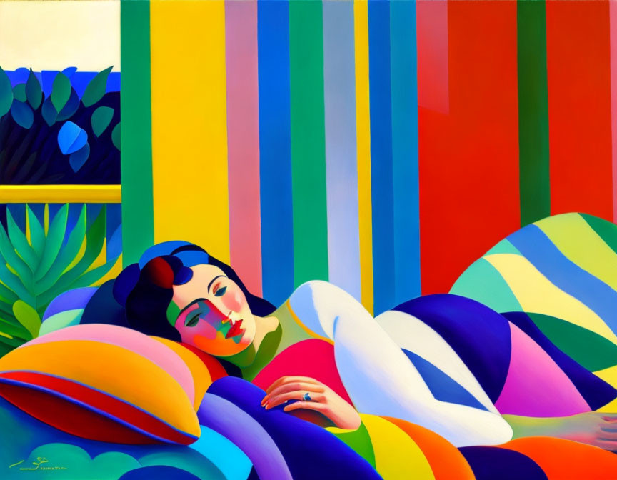 Colorful abstract artwork: Stylized reclining woman with vibrant patterns