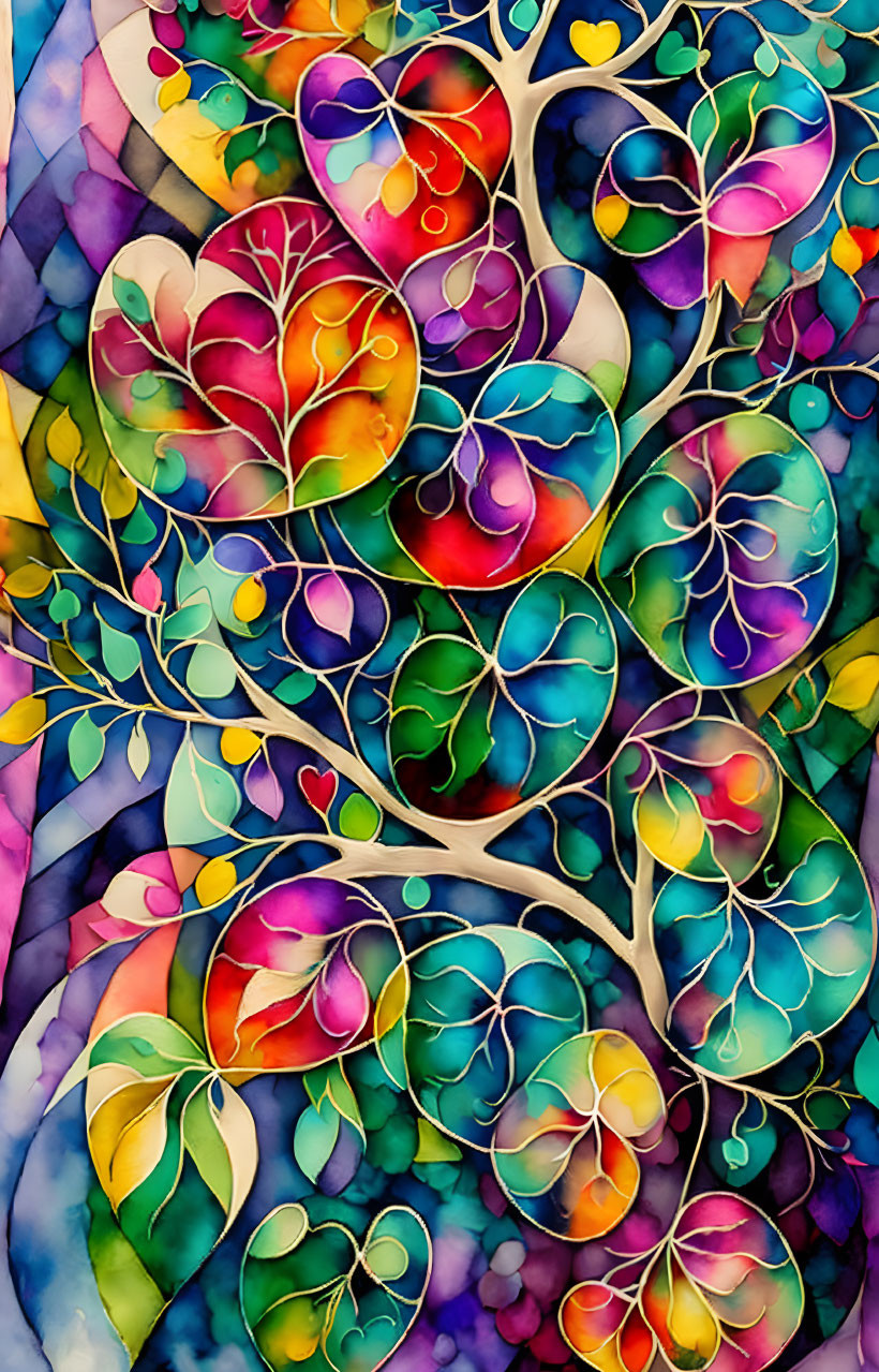 Colorful Tree Painting with Heart-shaped Designs and Stained Glass Pattern