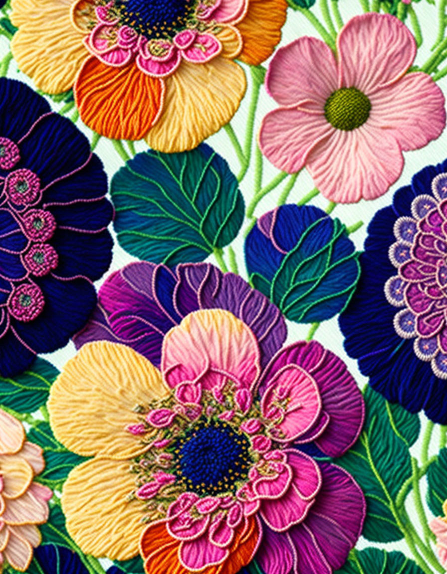 Colorful embroidered floral design on fabric with intricate stitching