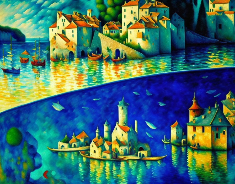Colorful coastal village painting with boats and whimsical architecture in rich blues and warm hues