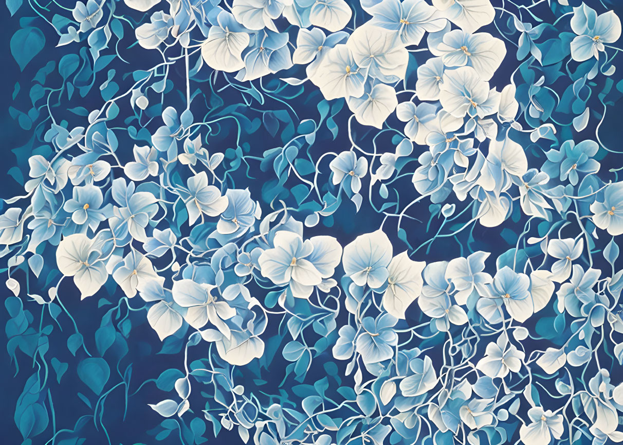 Light Blue Hydrangea Floral Pattern on Dark Blue Background