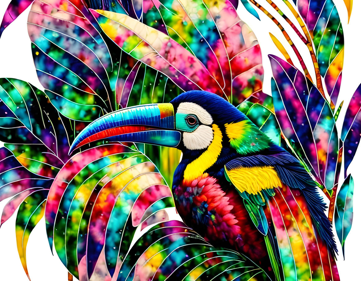 Colorful Toucan Art Surrounded by Tropical Leaves in Mosaic Pattern