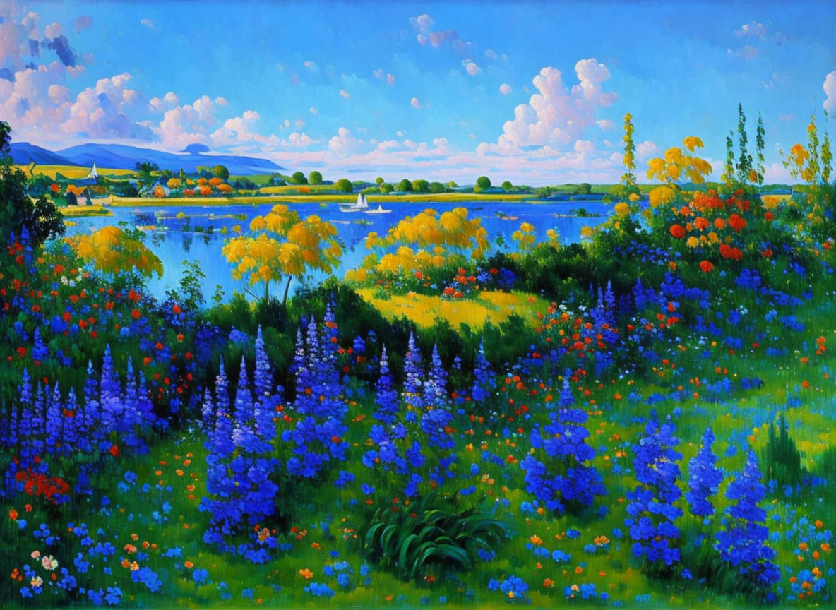 Colorful Flower Meadow Landscape with Lake and Mountains