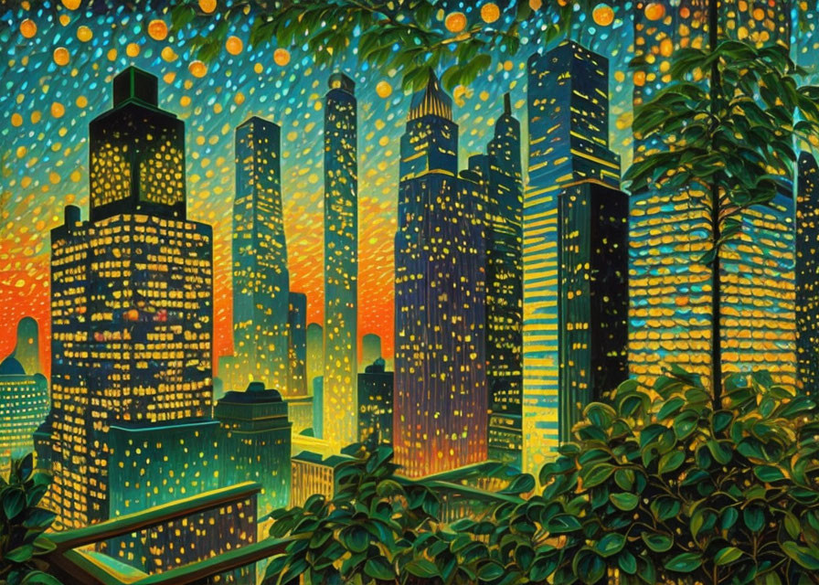 Vibrant cityscape painting: illuminated skyscrapers, starry sky, lush green foliage