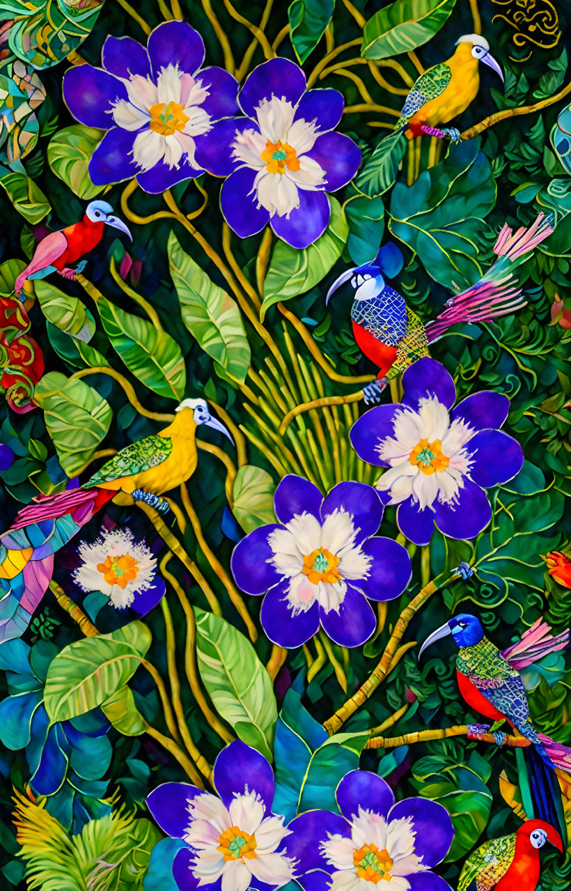 Colorful Artwork: Exotic Birds in Purple and White Flower Setting