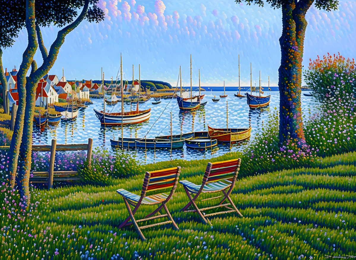 Empty deck chairs overlooking tranquil harbor with sailboats, lush greenery, and flowers under blue sky