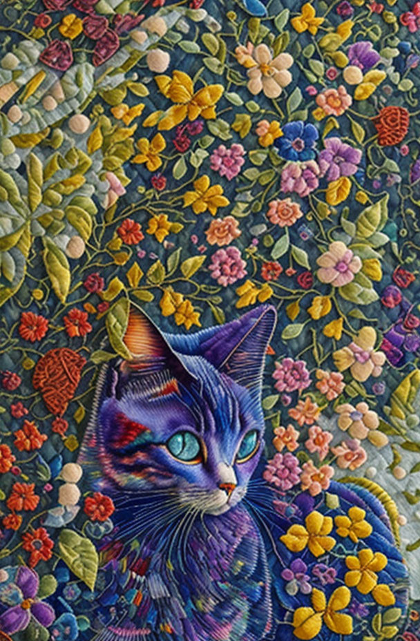 Vibrant Cat Artwork with Blue and Purple Stripes