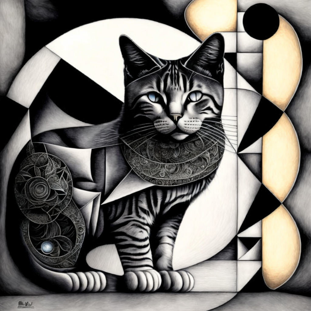 Tabby Cat Drawing on Abstract Geometric Background