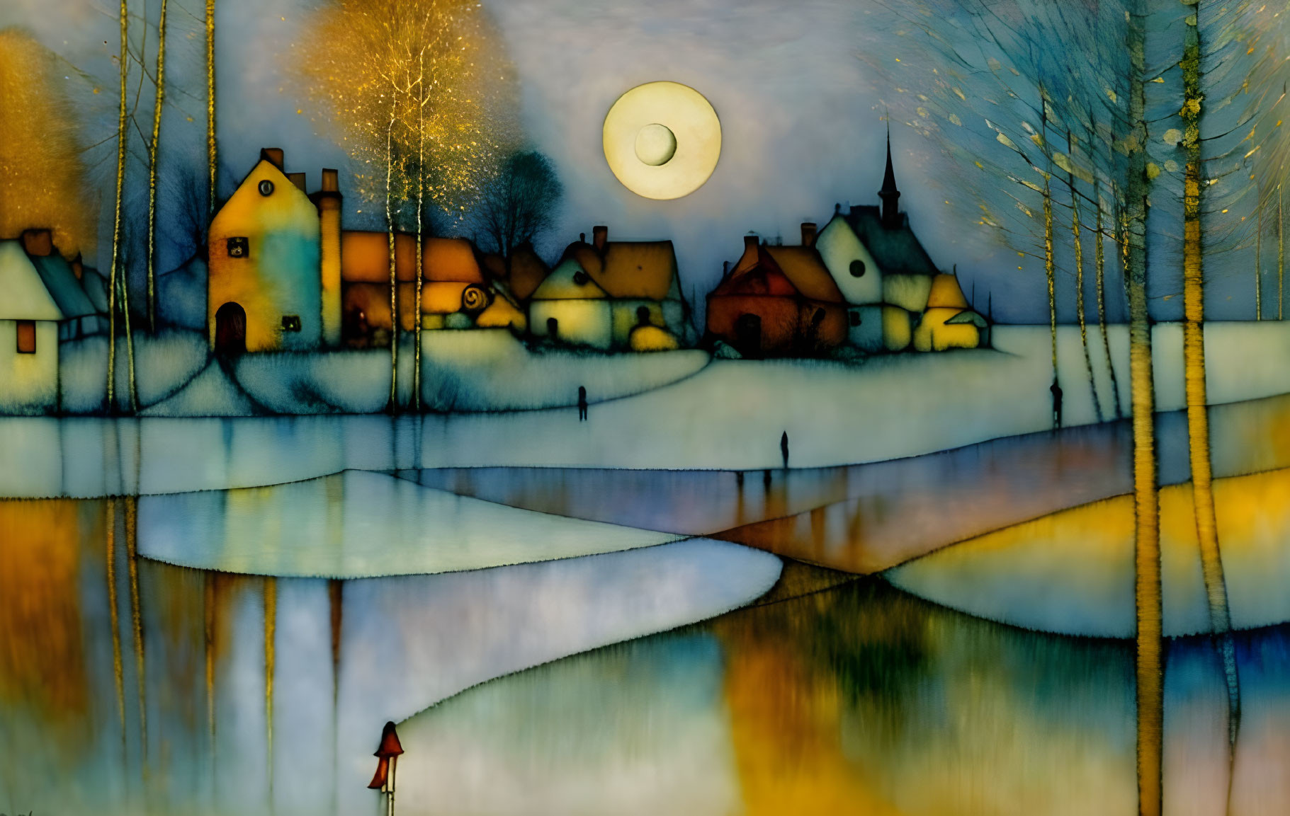 Tranquil village painting with reflective water, bare trees, glowing moon, and figure in red