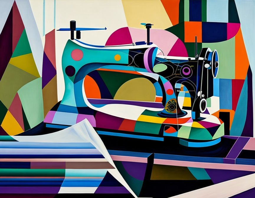 Vibrant Abstract Geometric Painting of Sewing Machine