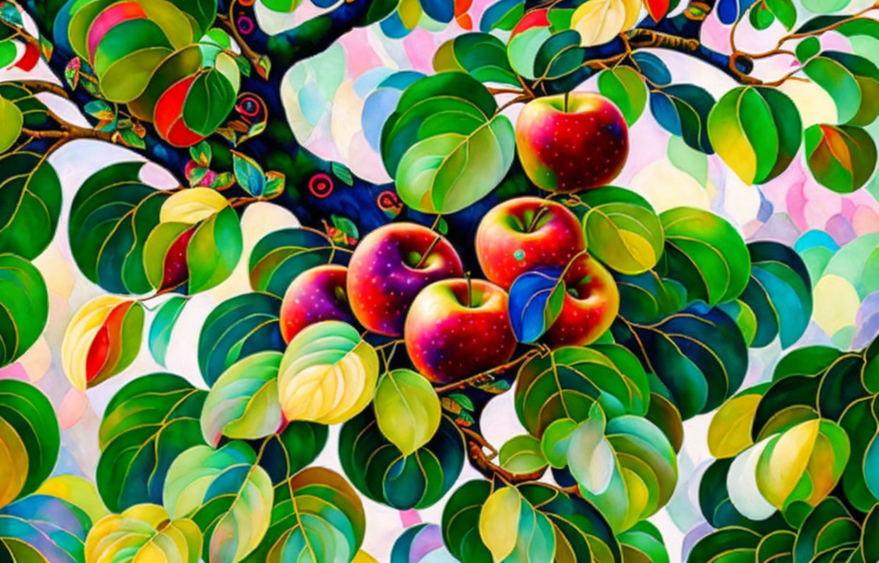 Colorful painting of tree with green leaves and red apples on patterned background