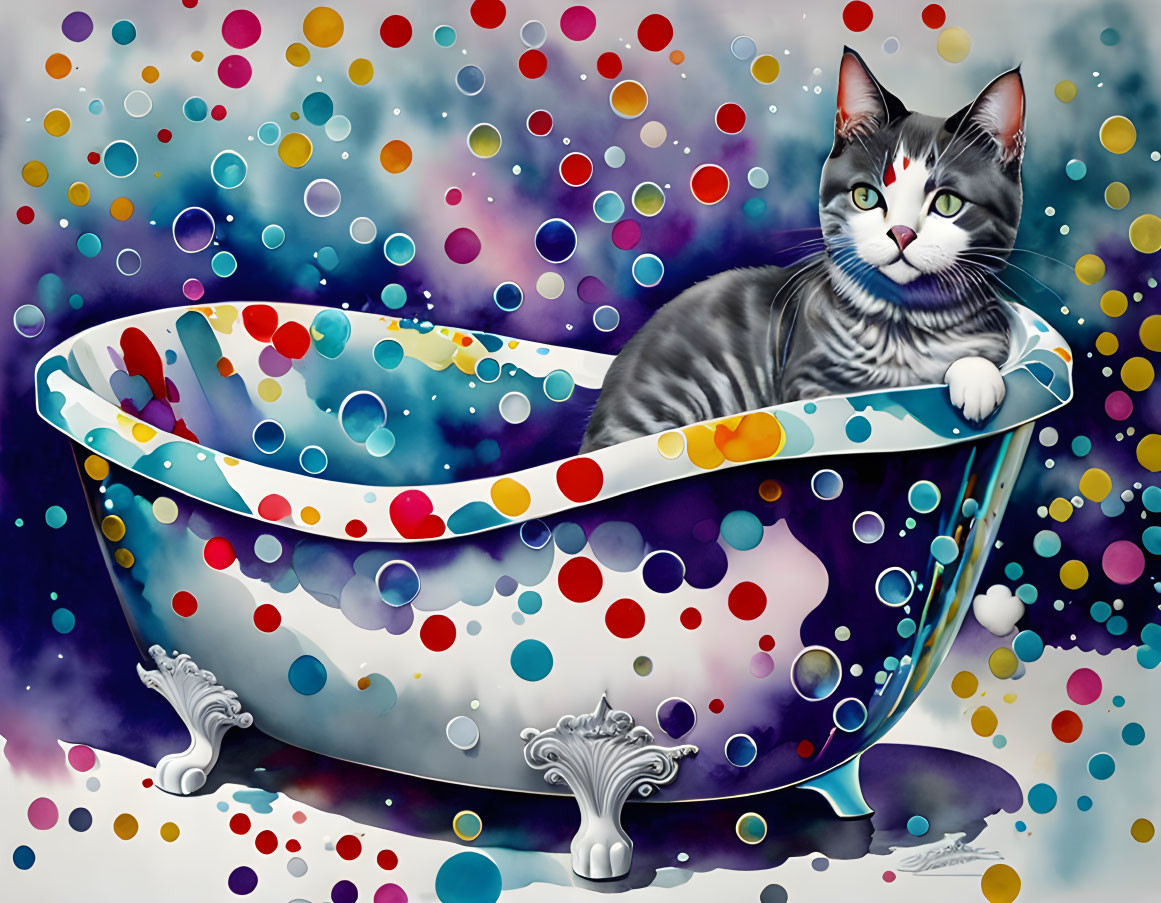 Colorful Illustration: Grey and White Cat in Vintage Claw-Foot Bathtub with Multicolored