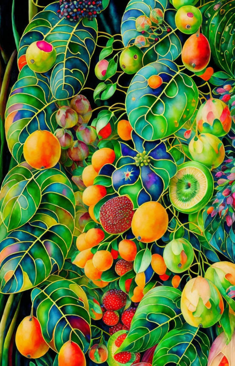 Colorful Fruit and Leaf Painting with Intricate Patterns